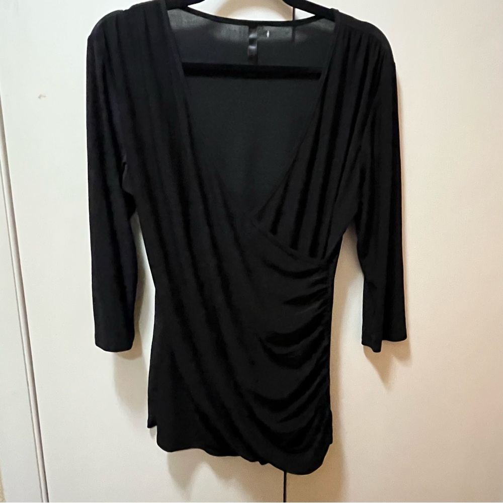 Black 3/4 Sleeve Wrap VNeck Blouse with Ruched Detail